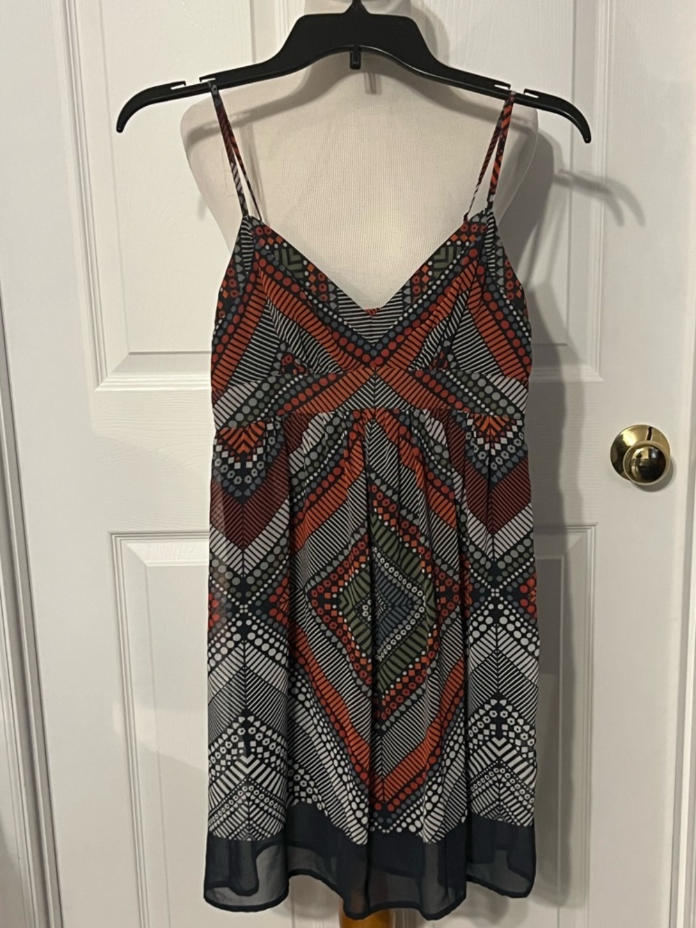 American Eagle Outfitters Navy, Orange, Olive Geometric Print Dress